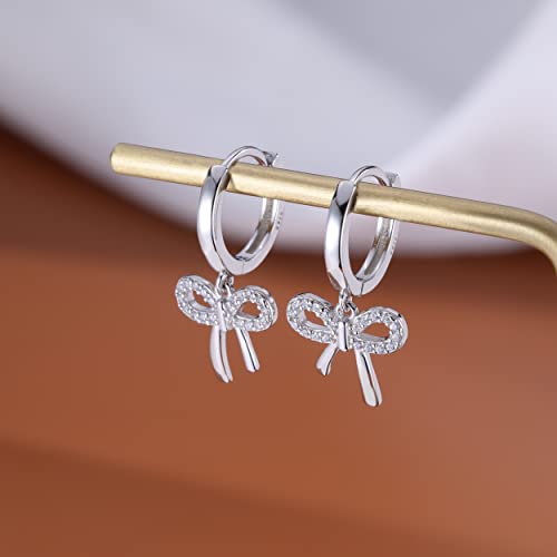 Reffeer Solid 925 Sterling Silver Bow Drop Hoop Earrings for Women Teen Girls Bowknot Hoop Earrings Huggie Ribbon Earrings3