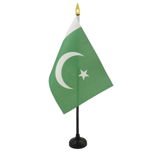 AZ FLAG - Pakistan Table Flag 4'' x 6'' - Pakistani Mini Desk Flag 100% Polyester 15 x 10 cm - Office Mini Banner with 10'' Pole - Golden Spear