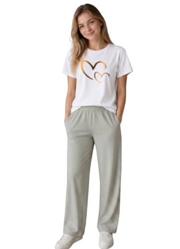 Image of ELVIA Women's Pure Cotton Top and Pyjama Co-Ord Set | Double Heart Graphic Printed Night Suit | Regular Fit Half Sleeve Round Neck T-Shirt with Pajama Sleepwear Loungewear Set