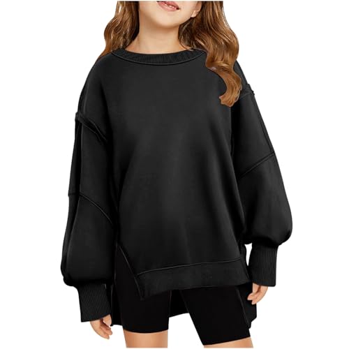 Girls Oversized Sweatshirt Crewneck Long Sleeve Kids Side Split Cute Pullover Tops Exposed Seams Shirts 5-14 Years
