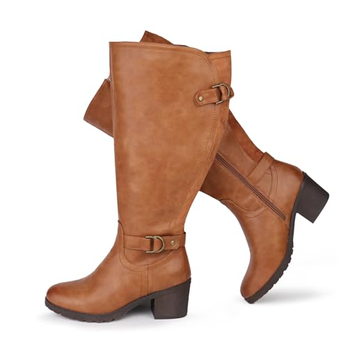 Women's Extra Wide Calf Knee High Riding Boots with Block Heel and Decorated Double Buckle4