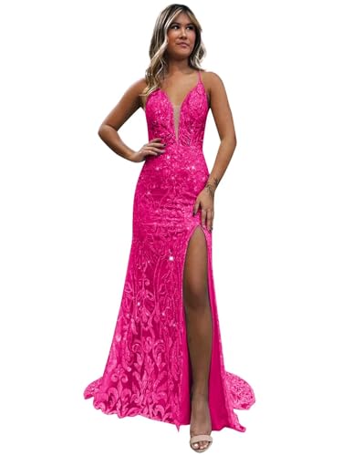 VCCICANY Deep V Neck Prom Dress 2026 Split Mermaid Sparkly Sequin Backless Hot Pink Ball Gowns...