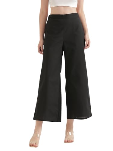 Image of SAADAA Women's Relaxed Fit Mid Rise Airy Linen Wide Leg Pants, High Waist Trousers for Formal, Casual & Office Wear