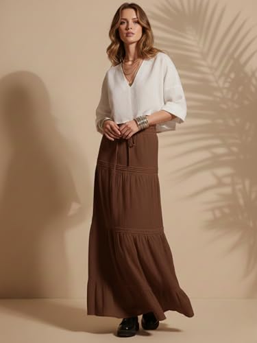 Image of GRECIILOOKS Women's Summer Ruffle Hem PolyBlend Maxi Skirt | High Waist Long Skirt's | Plain A-Line Flowy Skirt for All Occasions | Elegant Boho Style