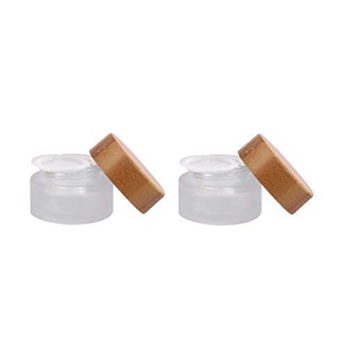 2 Pack 15ml 0.5oz Empty Refillable Round Frosted Glass Cream Jar Cosmetic Storage Container Pot Sample Jars Bottle with Natural Bamboo Lid and Inner Liners for Cream Lotion Lip Balm