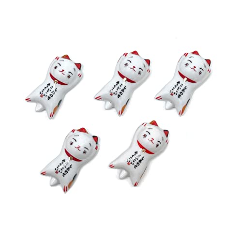 Lanhuths Wooden Chopsticks Reusable 5 Pairs Gift Set With 5Pcs Porcelain Rest Lucky Cat Design Hand-Made 8.8 Inch/22.5Cm #TOP5