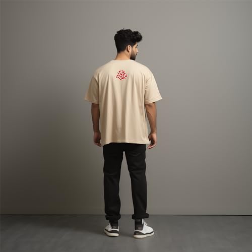 Image of prabhu bhakti Men's Oversized Shiva Om Printed Beige T-Shirt | Back Print Drop Shoulder Pure Cotton Oversized Tshirt for Men