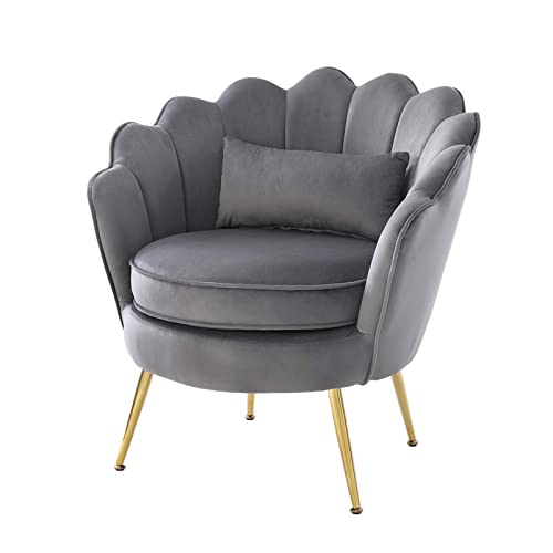 WQSLHX Gray Velvet Chair with Lumbar Pillow for Bedroom, Accent Chair Mid Century Modern Vanity Chair for Living Room, Fabric Upholstered Arm Chair Guest Chair with Golden Metal Legs