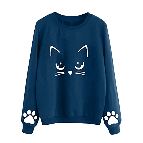 Sweatshirt femme à manches longues imprimé chat et col rond décontracté
