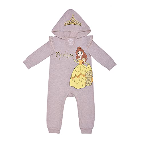 Image of Disney Princess Ariel, Cinderella or Belle Girls’ Hooded Long Sleeve Romper for Newborn and Infant – Blue or Purple