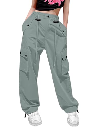 Image of HENGAO Girls Cargo Pants Parachute Casual Jogger Y2K 5-14 Years | Kids Baggy pants Parachute, Drawstring, with Pockets, Elastic High Waist, Loose Trousers Streetwear