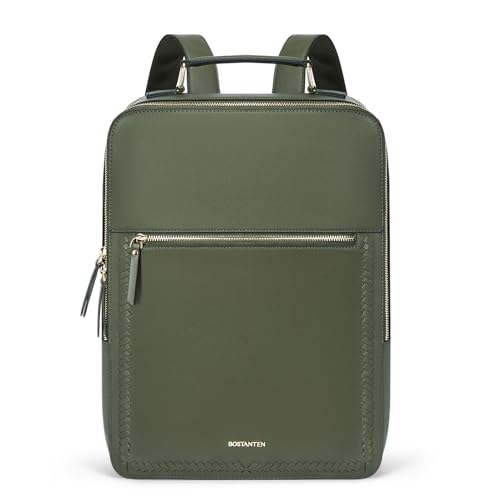 BOSTANTEN Leather Backpack 15.6 inch Laptop Bag Travel Casual Computer Backpack College Business Work Shoulder Bags with Trolley Sleeve for Women Men Olive Green