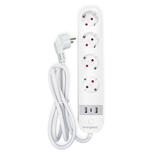 Energeeks - Regleta Enchufe WiFi Inteligente - Medidor de Consumo Integrado - 4 Entradas - 2 USB - 1 USB-C - Tipo Schuko - 2,4 GHz - 16A/3680W - 240V/60Hz - App Móvil - Compatible con Alexa y Google