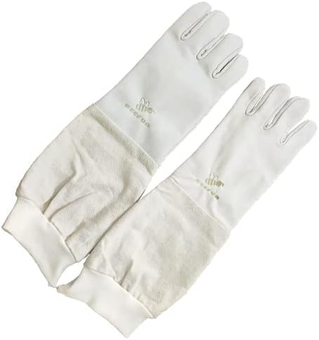 Beekeeping Gloves - Beefun Bee Protective Leather GLoves with Long Canvas Sleeve for Beekeepers, White Color, Palm circumference 9" (L)