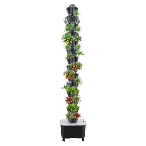 FENGLY 70 Löcher Hydroponic Tower 14 Etagen Tower Growing System Kit Hydroponisches Anbausystem mit Hydratationspumpe Garten Hydroponischer Turm mit 25L Wassertank Geeignet für Obst Gemüse(Grau)