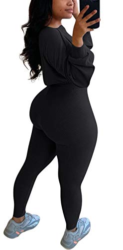 Women’s Two Piece Tracksuit Workout Outfits Ribbed Crop Top Pullover Bodycon Jogger Pants Seamless Yoga Sweatsuits Sets Black #TOP1