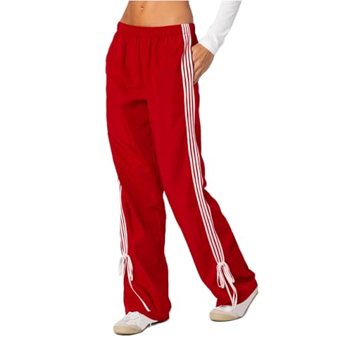 Aopwsrlyi Women Wide Leg Track Pants Y2K Parachute Pants Elastic Low Rise Side Striped Sweatpants with Pockets