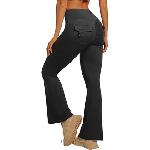 YOAKUKA Butt Lifting Flared Leggings for Women with Flap Pockets Tummy Control Compression Workout Yoga Pants Black Cover