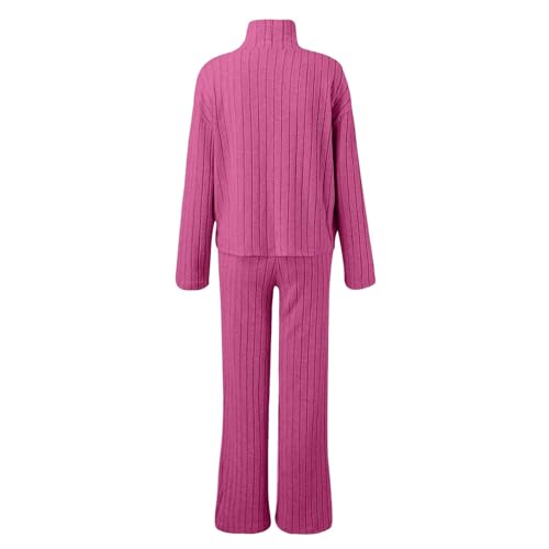 XINGJIAARTS Sweater Sets For Women 2 Piece Turtleneck Long Sleeve Tops Wide Leg Pants Matching Set Streetwear Lounge Pajama Hot Pink XX-Large (xx_l) - image 4