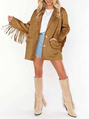 Cicy Bell Womens Faux Suede Fringe Jacket Casual Blazer Long Sleeve Lapel Button Front Suit Jackets4