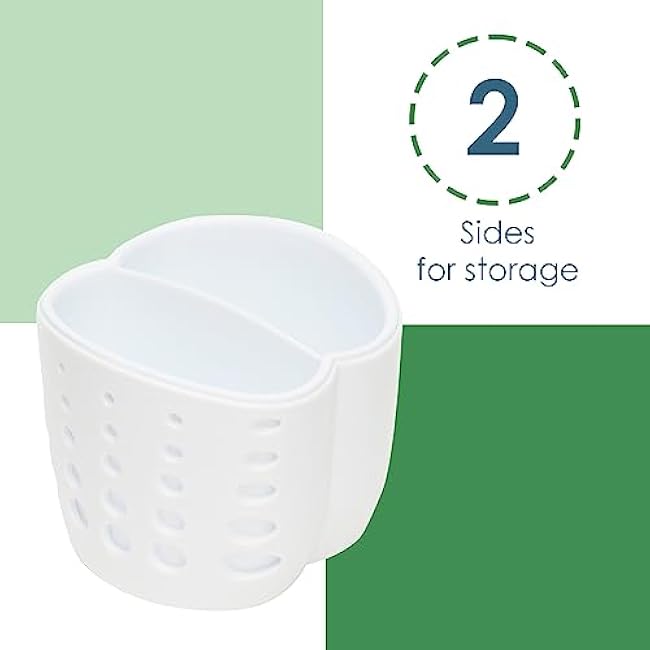 Home Basics Double Sponge Holder Kitchen Sink Caddy, Saddle Faucet Sink Soap Sponge Organizer With Drain Hole, White