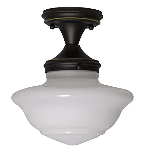 Image of Design House Vintage-Inspired Schoolhouse Semi-Flush Mount Ceiling Light, 9 in x 9 in x 10 in, Oil-Rubbed Bronze, White Glass Shade, 507502
