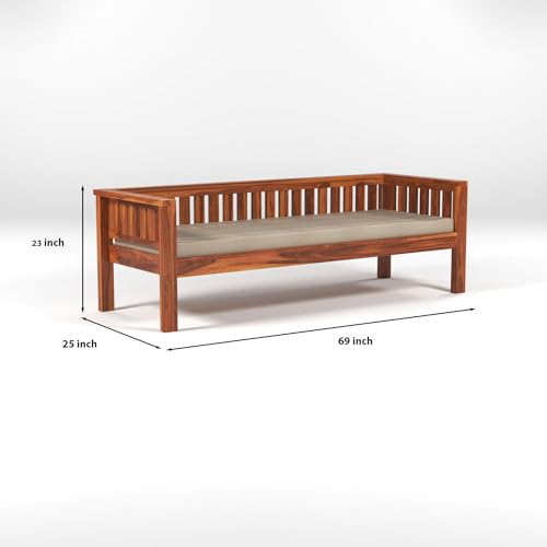 Image of Solid Wood Sheesham 3 Seater Low Height Sofa | Three Seater Sofa for Living Room, Home, Office Furniture with Beige Cushion - Honey Finish