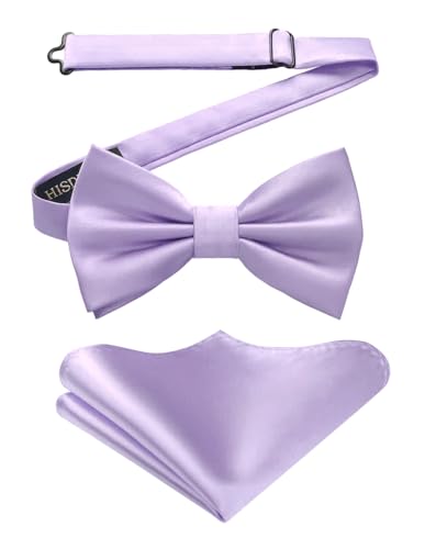 Bow Ties for Men Lavender Solid Color Pre Tied Bow Tie and Pocket Square Classic Adjustable Clip on Light Purple Bowties Handkerchief Set for Wedding Party