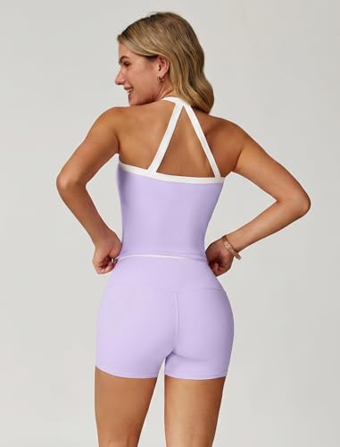 Image of ABOCIW 2 Pieces Workout Sets for Women, Cross Back Tank Top Matching High Waist Biker Shorts, Gym Yoga Pilates Outfits