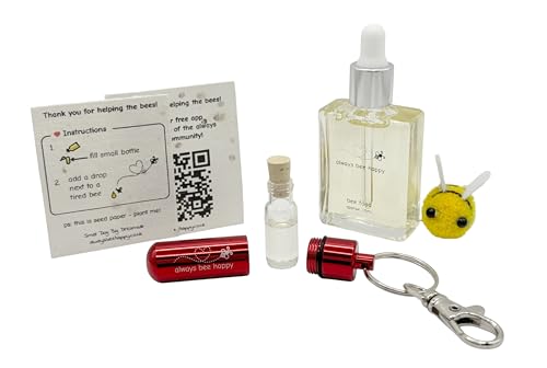 Bee Revival Kit - Always Bee Happy Engraved Keyring Glass Vial Bee Feed Dropper Bottle Organza Pouch