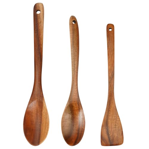 3 Pièces Cuillère de Cuisine en Bois, 30cm Spatule Bois Cuisine, Cuillère à Mélanger à Long Manche, Antiadhésive Cuillère en pour Cuisiner, pour les...