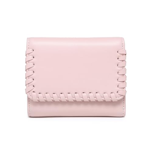 JEN & CO. Logan Whipstitch Trifold Wallet Women Vegan Leather Credit Card Holder Coin Purse Change Pouch for Women (Pink)