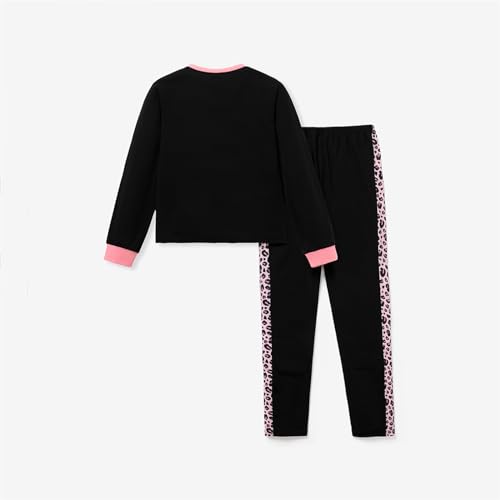 Image of PATPAT Big Kid Girls 2 Piece Outfits Crew Neck Leopard Color Block Top and Leggings Girl Sweatpants Tracksuits, Black, 7-8 Years