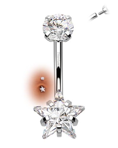 Agrewd 14G 10MM G23 Solid Titanium Belly Button Rings Minimalist Star Belly Navel Rings for Women Clear CZ Belly Navel Piercing Jewelry Surgical Steel Hypoallergenic