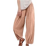 Free People Dupes, Summer Pants Women, Casual Loose Elastic High Waist Palazzo Pants with Pockets, Comfy Wide Leg Cotton Trousers, Rose Gold,Large