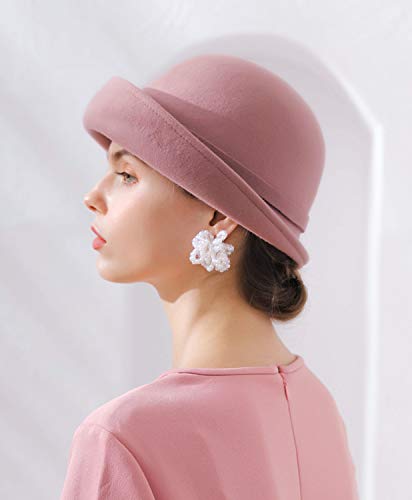 Oridoor Women Vintage Wool Felt Flowers Bucket Cloche Bowler Hat Church Wedding Dress Fascinator Hat Winter Felt Fedoras (012 Pink, One Size) #TOP3