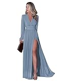OLJHFJ Women's Long Sleeve Bridesmaid Dresses - V Neck Wedding Guest Dress Pleated A Line Long Formal Evening Dress with Slit Dusty Blue