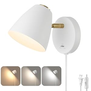 Modern Plug in Wall Light, Adjustable Angle 100°&330°White Plug in Wall Sconce, 3 Color Changeable Indoor Sconce Small Wall Mounted Reading Light, LED Wall Lamp as Kid Room Living Room Bedroom