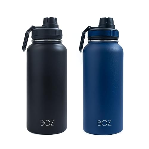 BOZ Stainless Steel 2 Pack Bundle - Blue + Black Insulated 1L Wide Mouth BPA Free Metal Water Bottles for Gym with Spout Lid