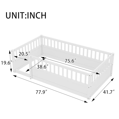 Image of Twin Size Kids Montessori Floor Bed Frame with High Fence,White