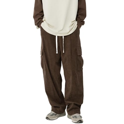 POHADON Mens Casual Corduroy Pants Elastic Waist Drawstring Y2k Sweatpants Casual Baggy Straight Cargo Pants Streetwear