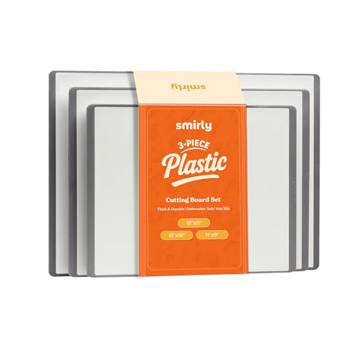 SMIRLY Plastic Cutting Board Set 3 Pieces, Non-Slip Dishwasher Safe Chopping Boards for Kitchen, Grey & White