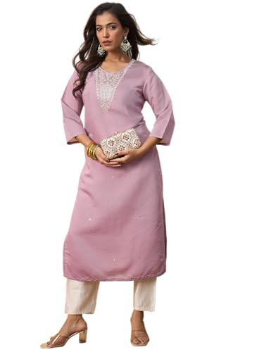 Image of Women's Embroidered Silk Straight Kurta Kurti | Below Knee Kurtas for Women Traditional Indian Wear Outfit Suitable Casual Festive Office Styling