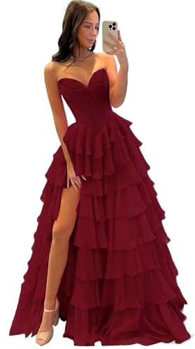 BABYONLINE D.R.E.S.S. Robe de Bal Bustier Corset Col en cœur à Volants en Mousseline Fluide pour Anniversaire Glamour élégant Bordeaux XS