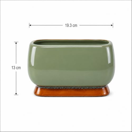 Image of Xtore Refined Glazed Ceramic Bonsai Planter Pot for Indoor & Tabletop Decor | Wide Low Profile with Drainage Hole | Turquoise Green Finish (Pack of 1, Planter Only)