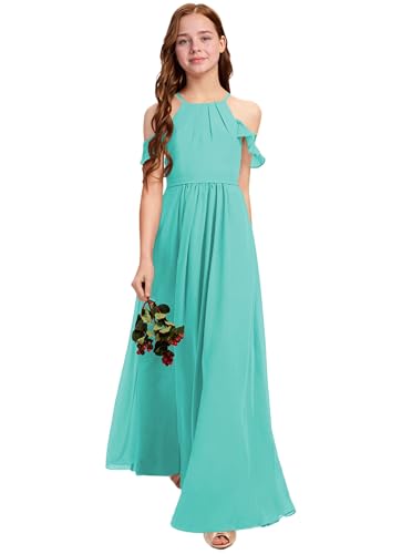 Junior Bridesmaid Dresses for Girls Halter Ruffles Chiffon Off-Shoulder Flower Girl Dresses for Wedding