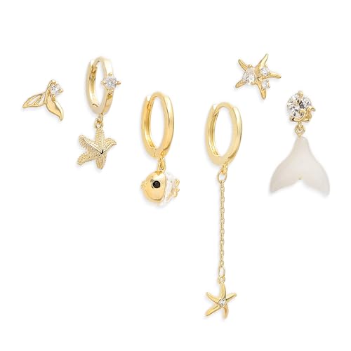 Sonateomber Gold Small Hoop Earrings Set for Women, Dainty CZ Rhinestone Pearl Star Starfish Moon Leaf Dangle Chain Stud Stacks Cartilage Beach Planet Earings Prom Fashion Jewelry Gift