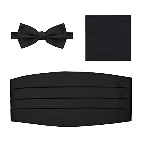 Jacob Alexander 3 Piece Set Men's Solid Color Cummerbund Pre-Tied Banded Bow Tie And Pocket Square - Black #TOP29