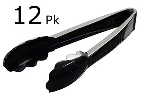 12 9" Black Heavy Duty Scalloped Plastic Food Service Tongs Disposable Food Tongs