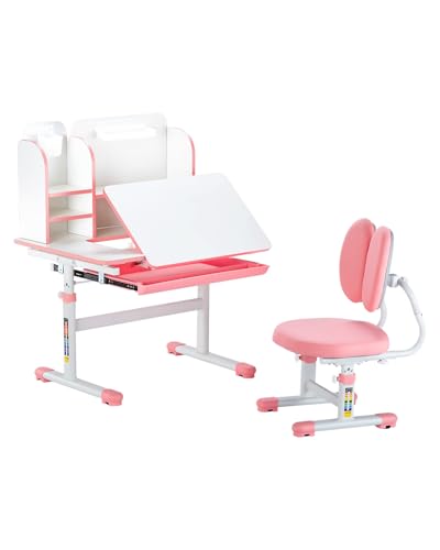 VEVOR Kids Desk and Chair Set, Study Desk and Chair for Kids with Bookshelf & Storage Drawer, Adjustable Height & 0-40° Tilted Desktop Desk and Chair, Study Table for Bedroom & Study Room, Pink